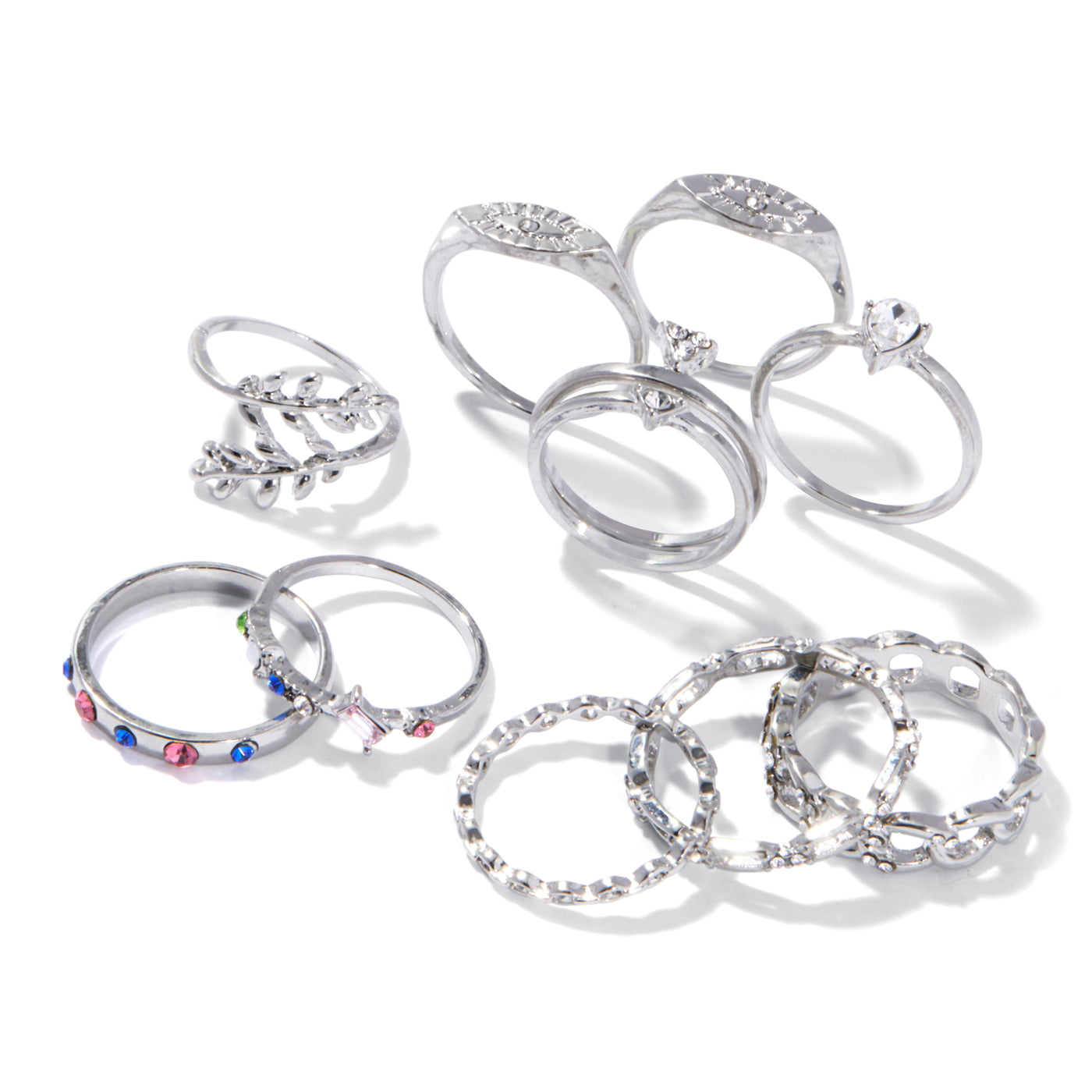 Miami glow 12 ring set - silver/rhodium